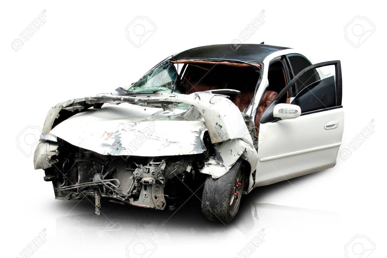 26766117 white car in an accident isolated on a white background